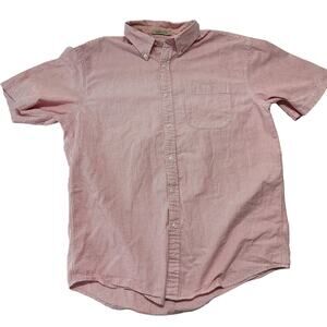 LL Bean Shirt Men L Pink White Short Sleeve Cotton Traditional Fit Button Up